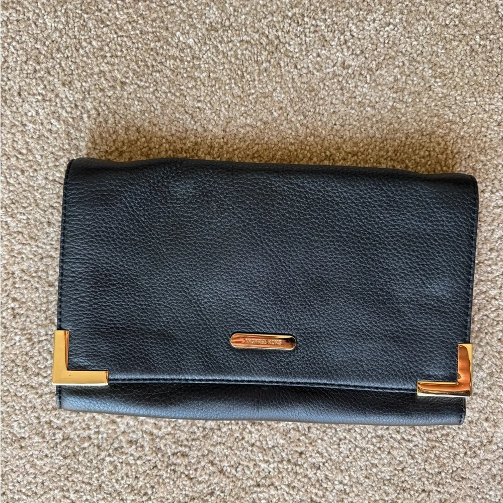 Michael Kors BEVERLY Convertible Black Leather Shoulder Bag with Gold Accents